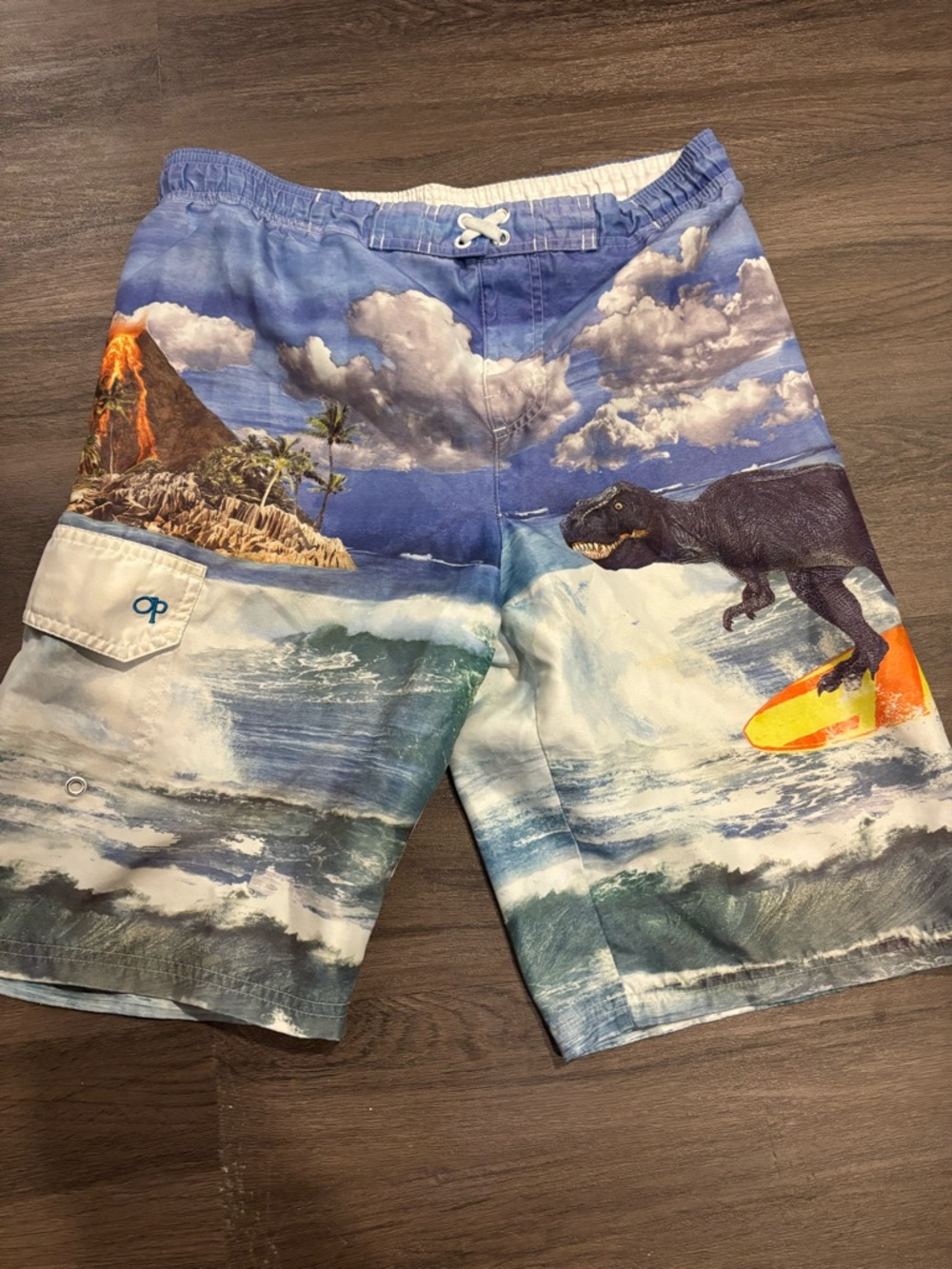 OP Men’s Blue Ocean Wave & Surfing Dino Print Shorts